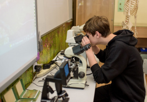 Ósmoklasista oglądający przygotowane próbki pod mikroskopem