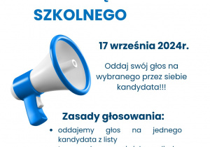 Plakat dotyczący wyborów do Samorządu Szkolnego. Data wyborów 17 września 2024r.