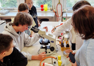 Uczniowie podczas zajęć w laboratorium